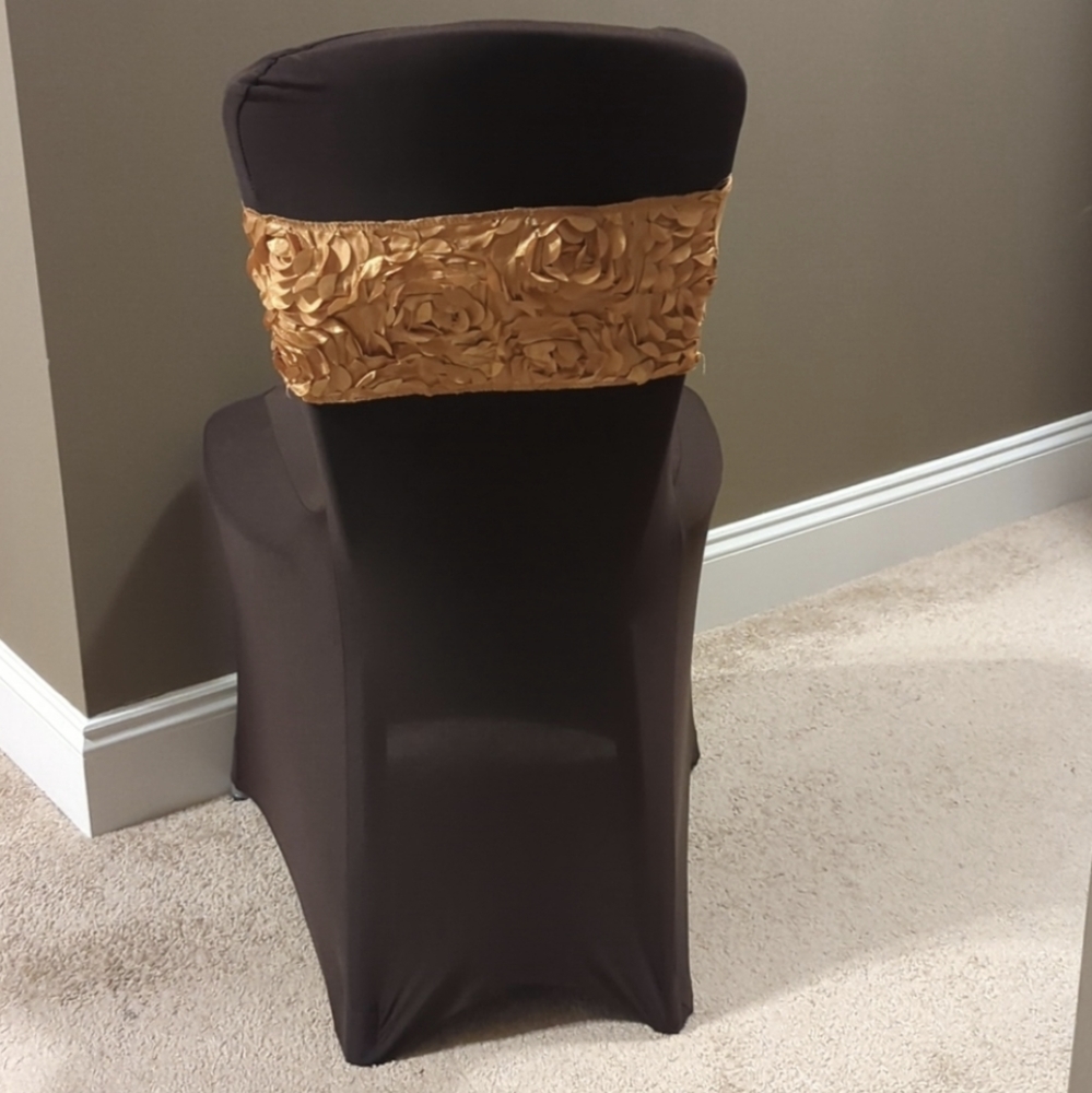 Polyester Stretch Spandex Banquet Chair Covers Chocolate Brown with Golden Sash